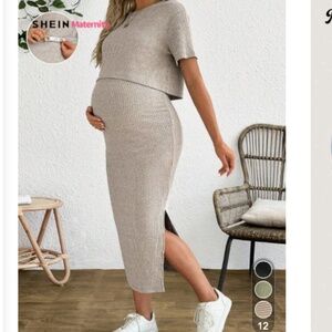 SHEIN Maternity Solid Color Round Neck Short Sleeve Top And Skirt 2 Pieces Set